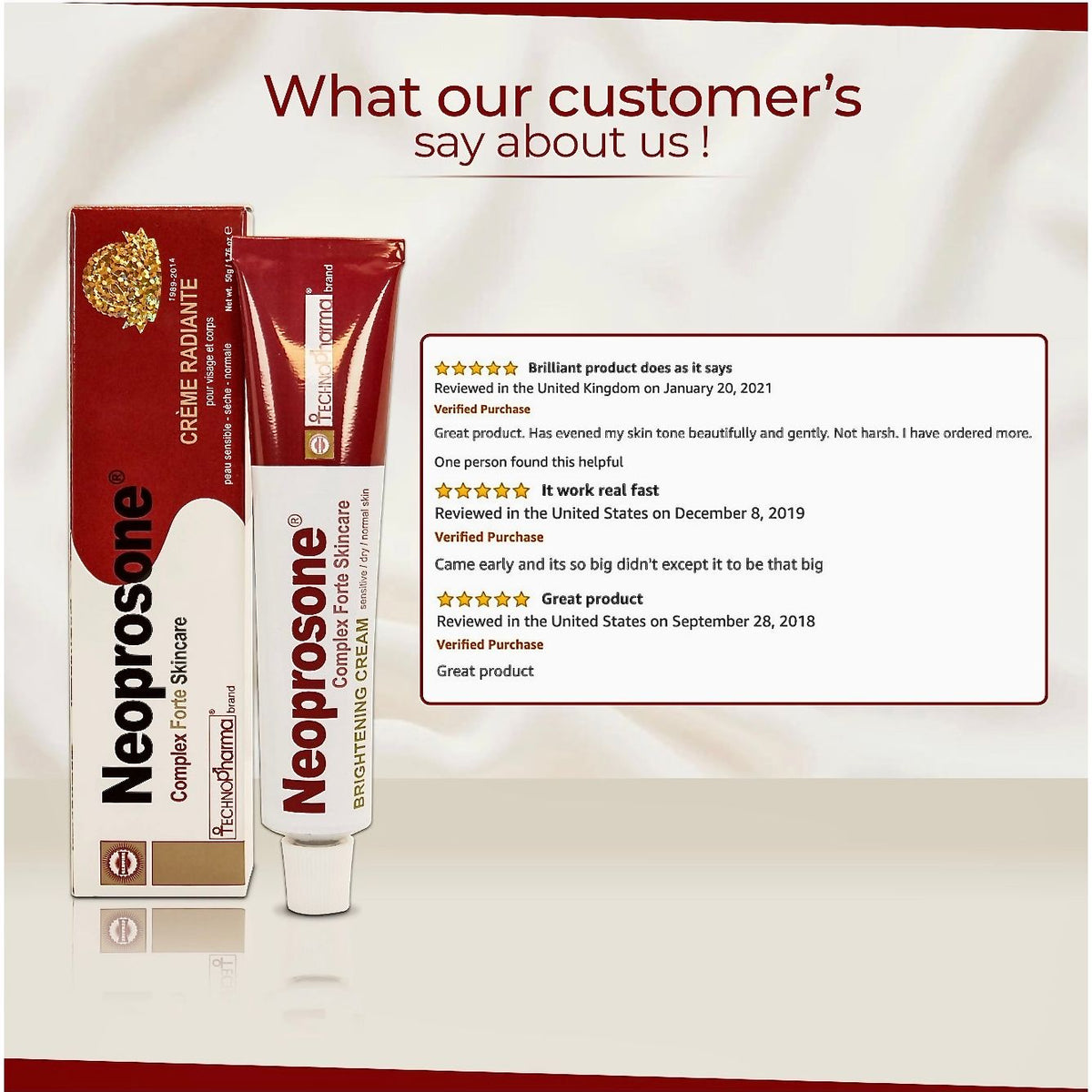 Neoprosone Brightening Cream tube and box with customer review excerpts