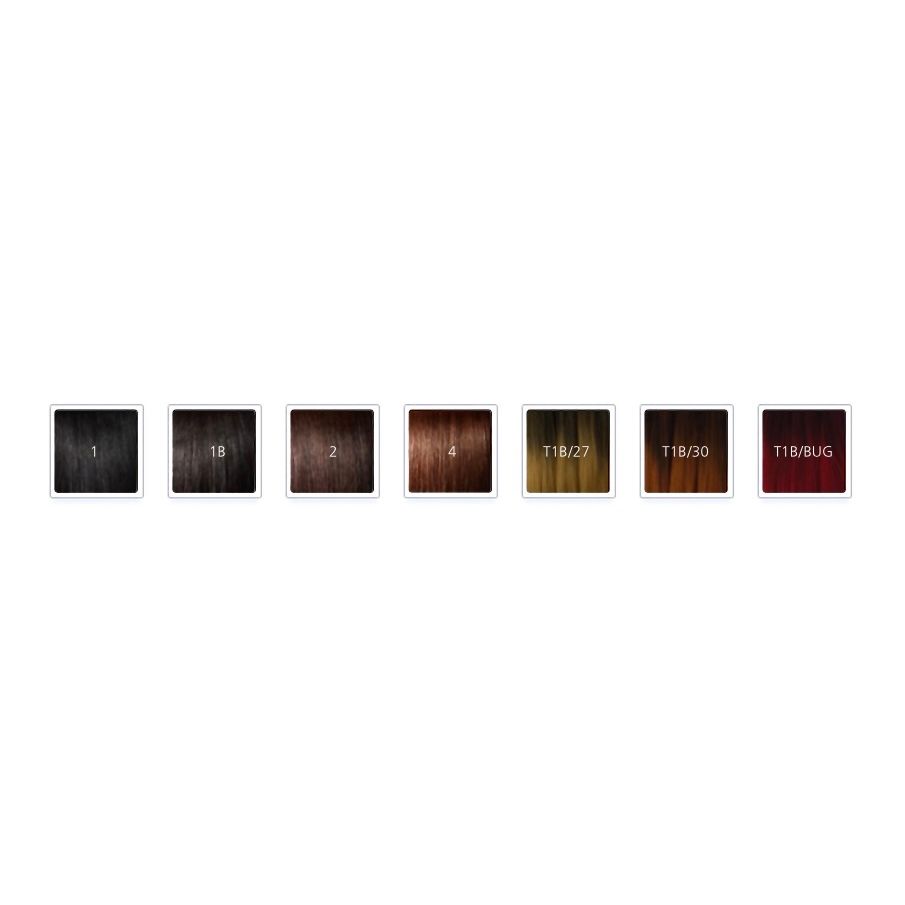 Set of hair clip extension color swatches: 1, 1B, 2, 4, T1B/27, T1B/30, T1B/BUG on a white background.