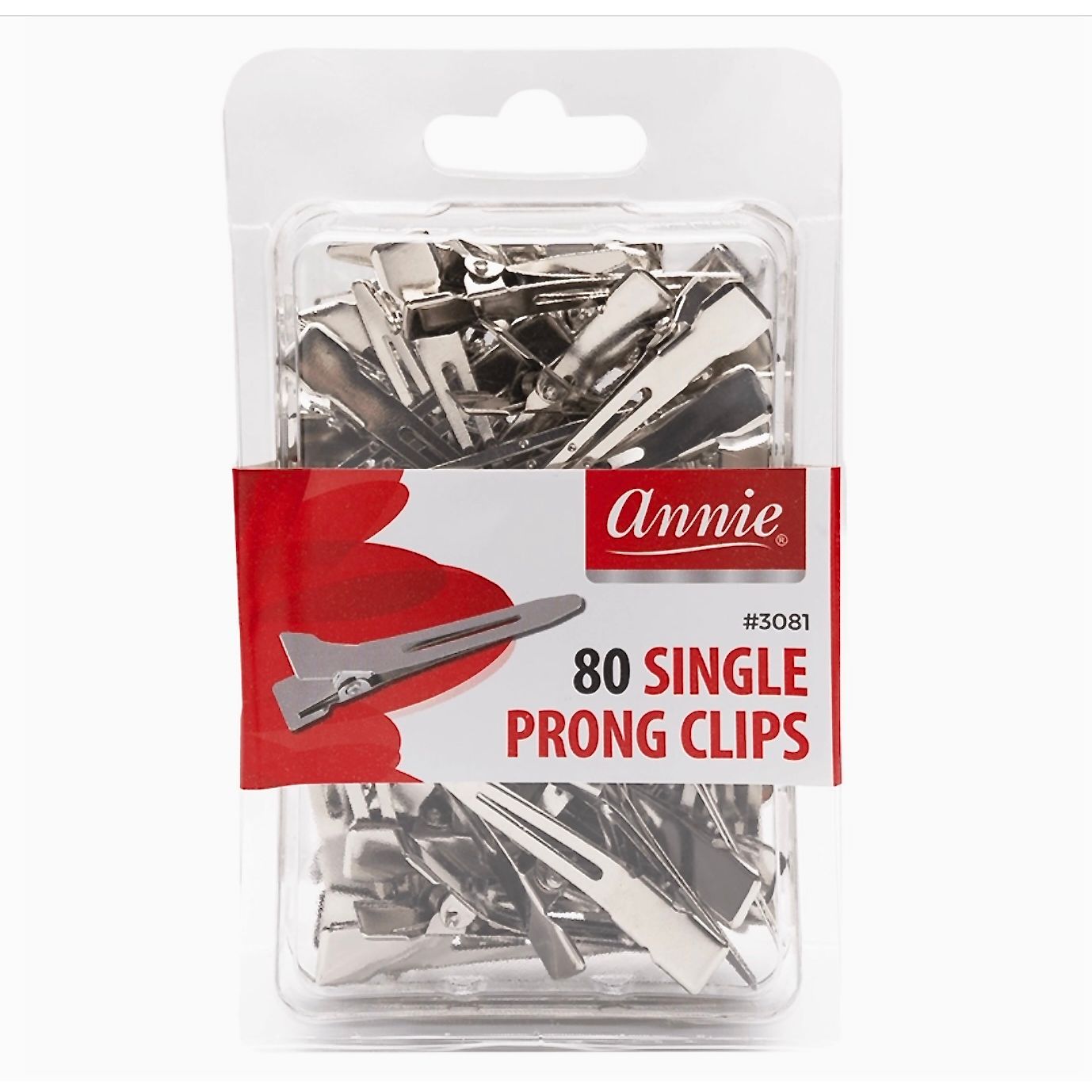 Pack of 80 single prong clips with Annie branding on a white background