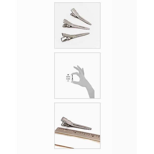 Set of silver hair clips with a hand gesture and ruler for scale on a white background